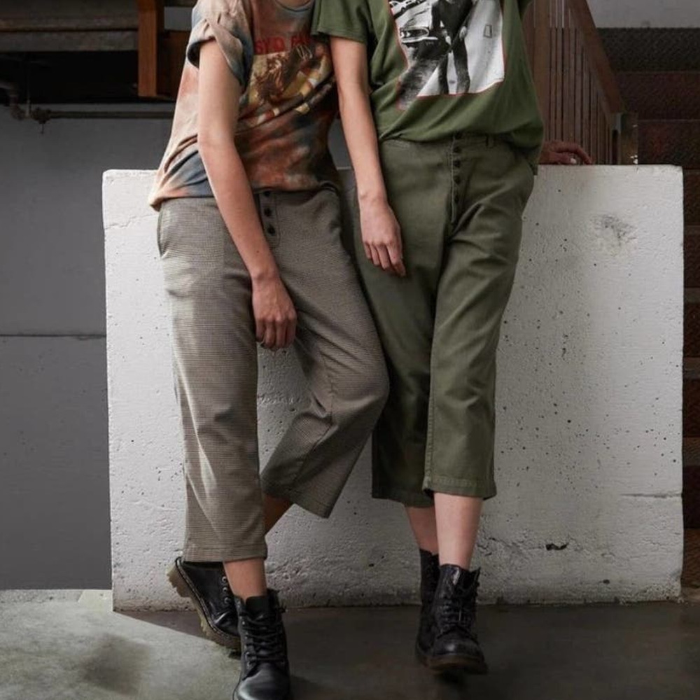 Sandrine Rose Relaxed Fit Wide Leg Cropped Pants Army Green Women S NWT Buttons